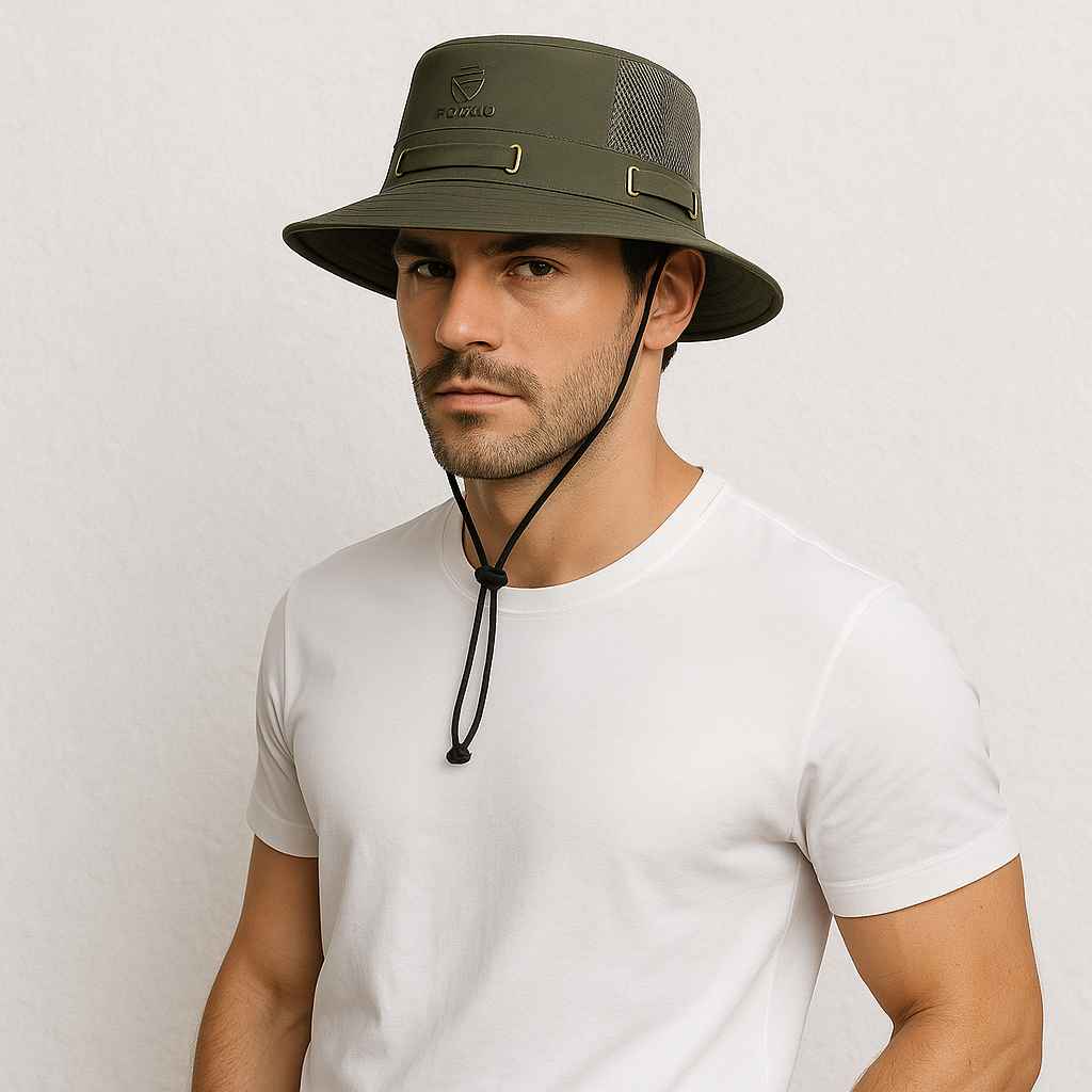 Un homme porte le Bob Randonnée Homme Ficelle vert