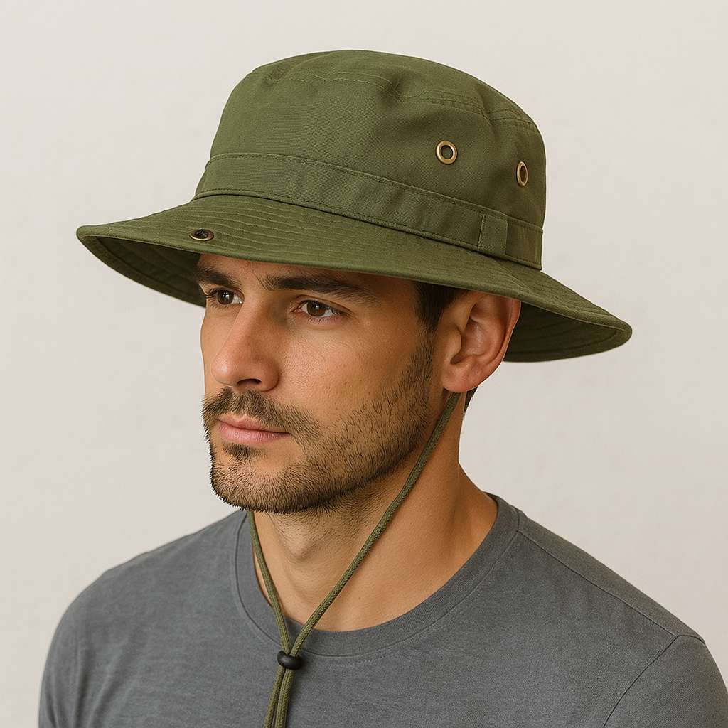 Un homme porte un Bob Vert Homme.