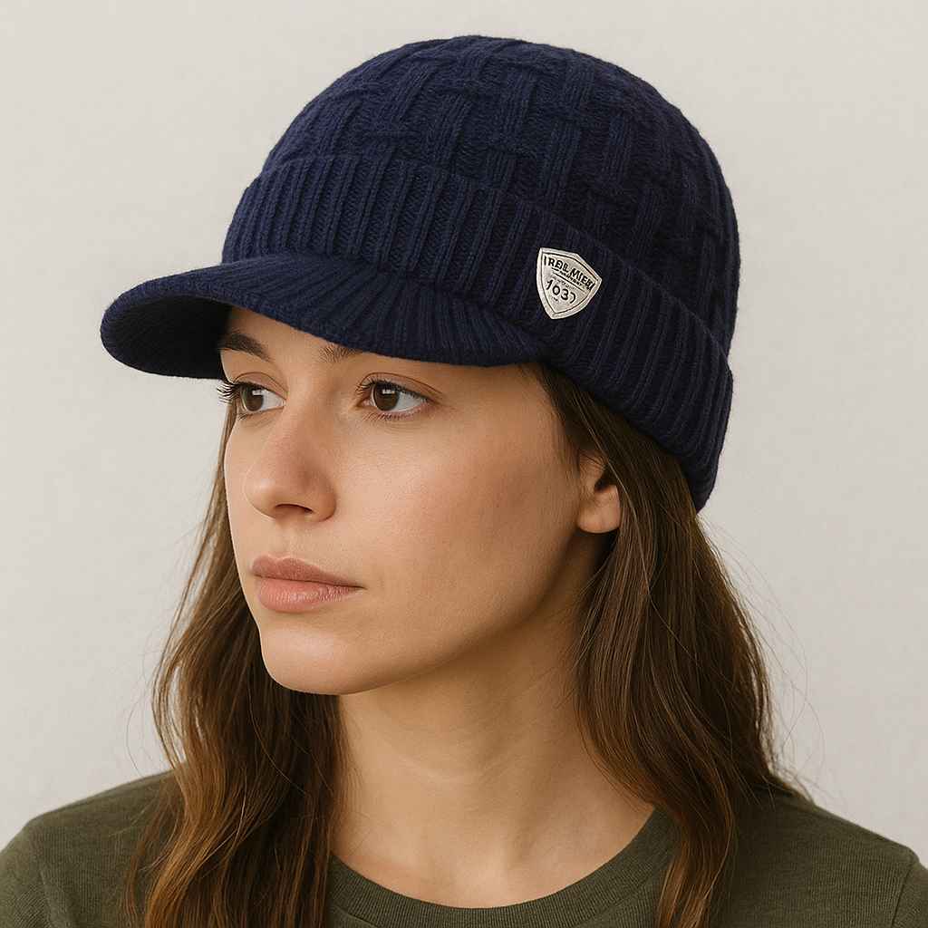 Une emme porte le Bonnet Casquette Doublé Polaire Bleu