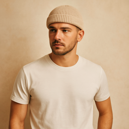 Un homme porte le Bonnet Beige Homme