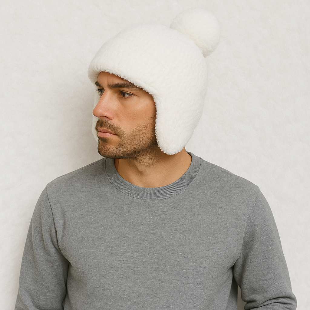 Un homme porte le Bonnet Cache Oreille Blanc avec Pompon