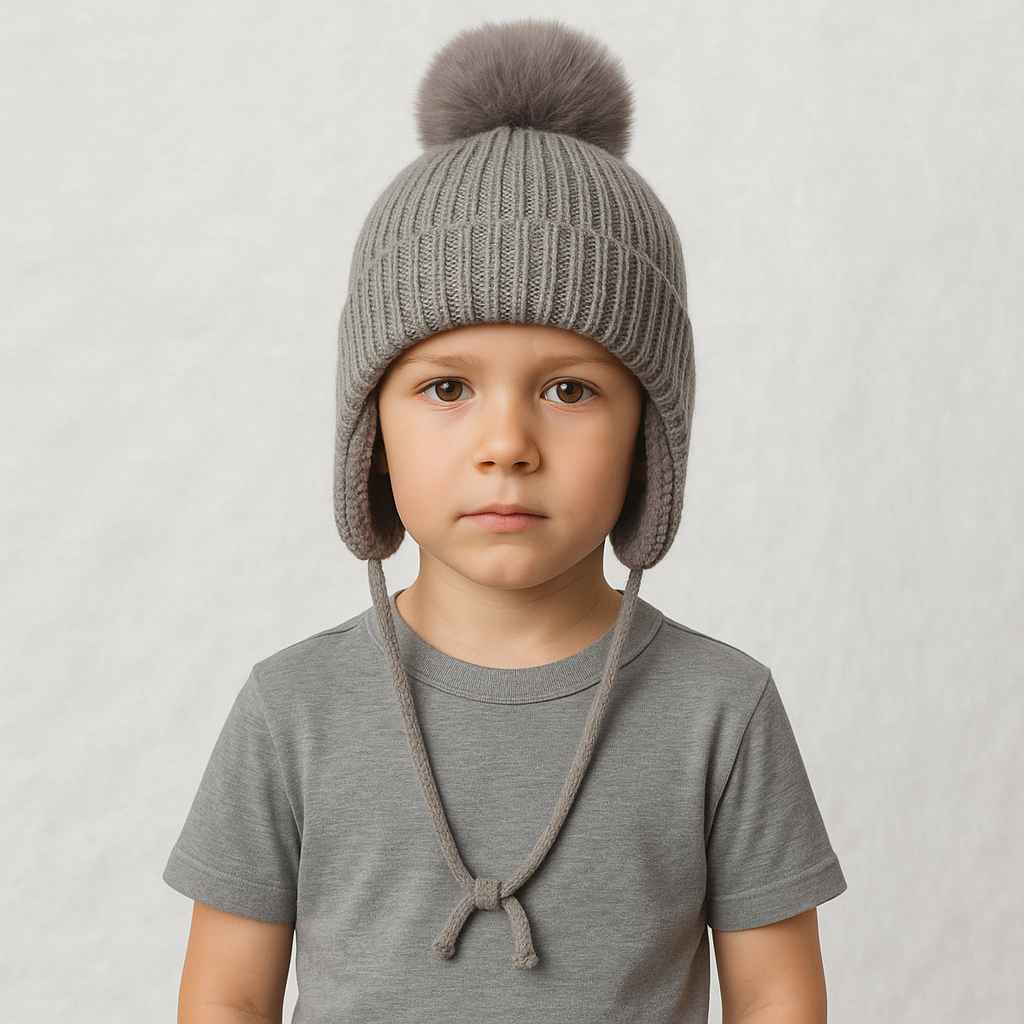 Un garçon porte le Bonnet Cache Oreille Gris à Pompon pour Enfant 