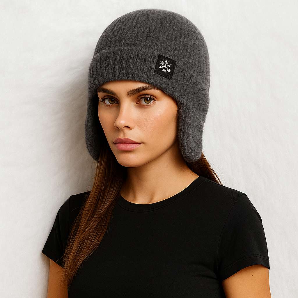 Une femme porte le Bonnet Cache Oreille Laine Gris