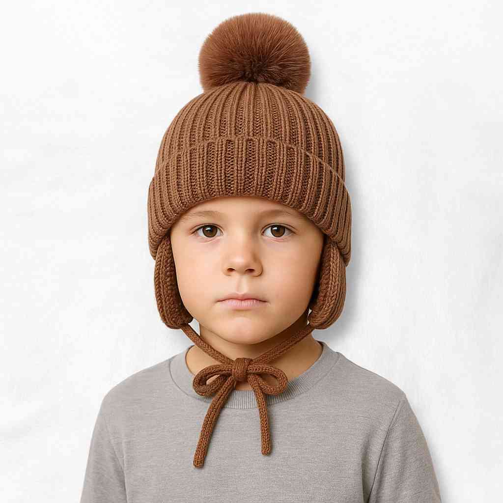 Un garçon porte le Bonnet Cache Oreille Marron à Pompon pour Enfant