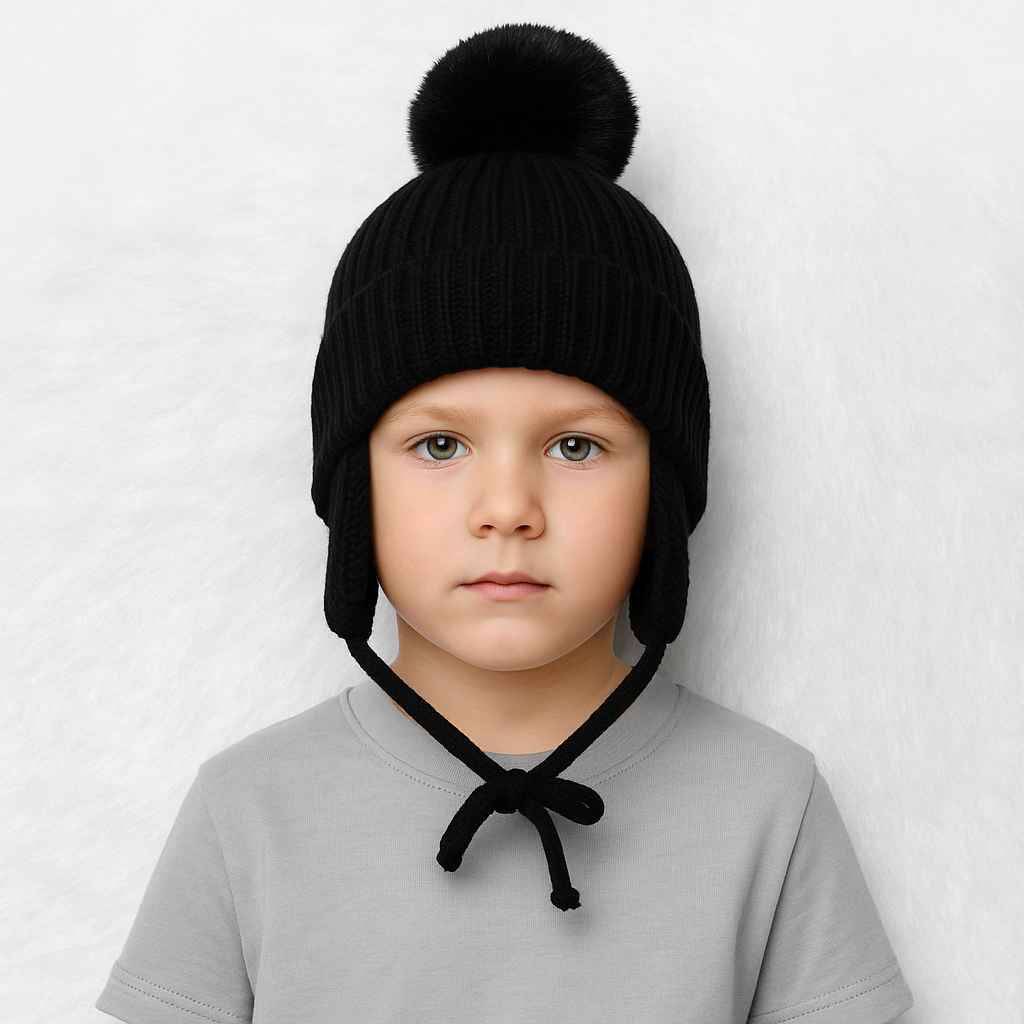 Un garçon porte le Bonnet Cache Oreille Noir à Pompon pour Enfant 