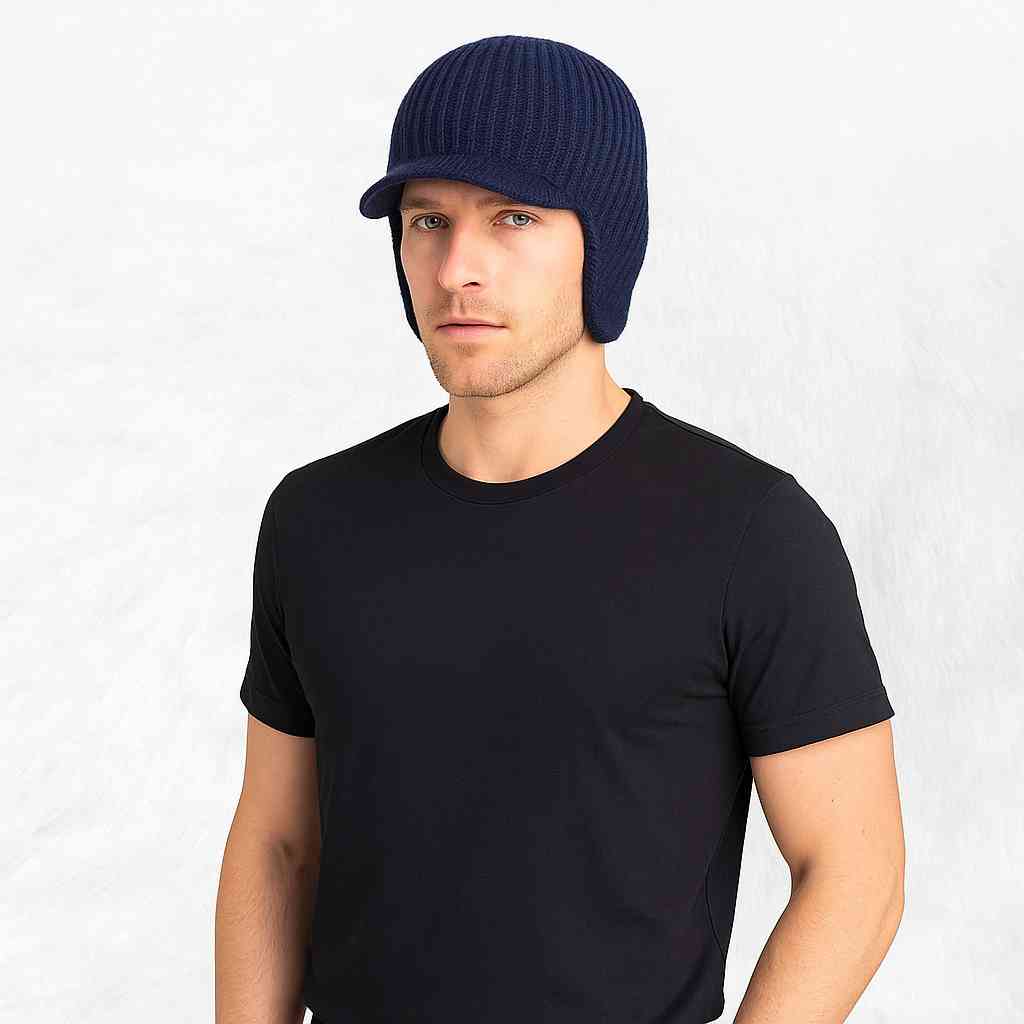  Un homme porte le Bonnet Casquette Cache Oreille Bleu