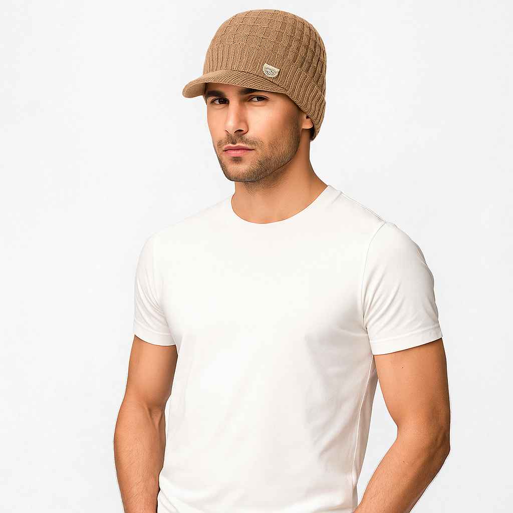 Un homme porte le Bonnet Casquette Doublé Polaire Beige 