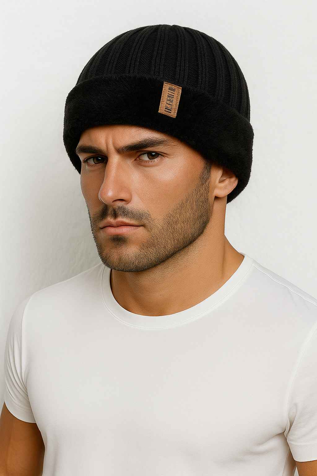 Un homme porte le Bonnet Chaud Noir