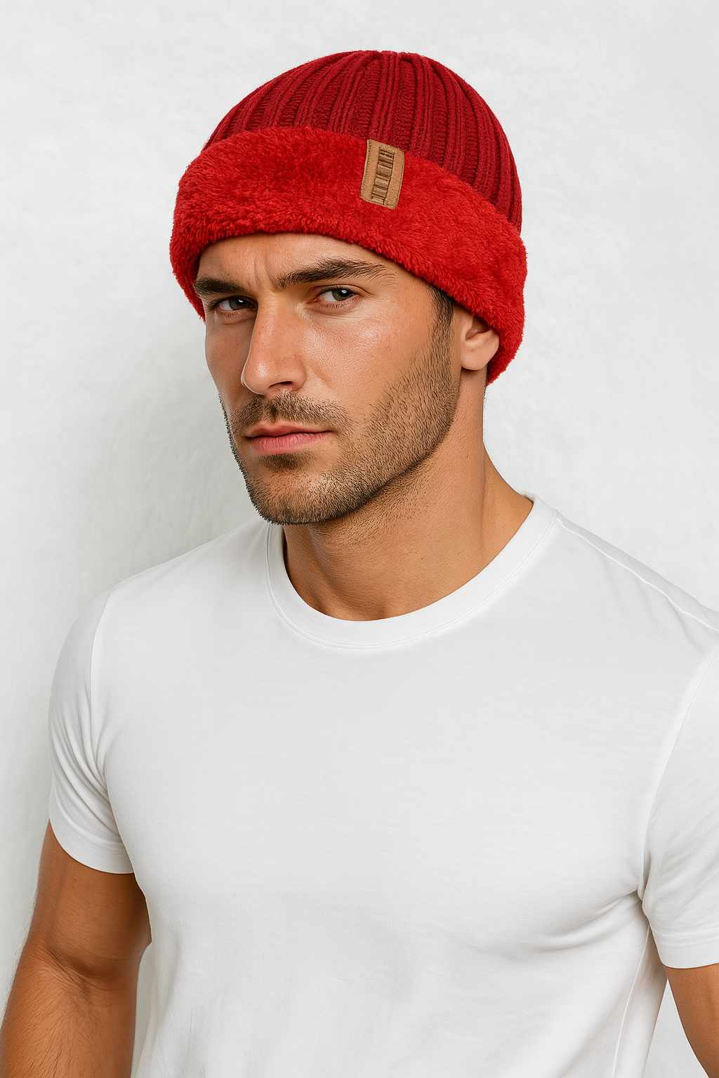 Un homme porte le Bonnet Chaud Rouge
