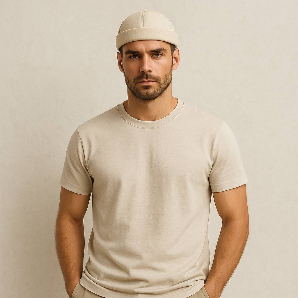 Un homme porte le Bonnet Docker Beige
