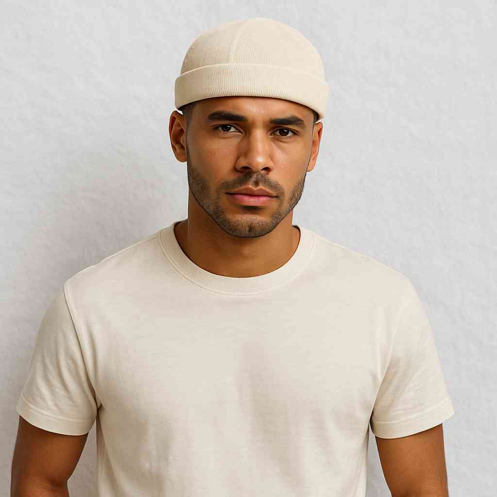 Un homme porte le Bonnet Docker Beige en Velours