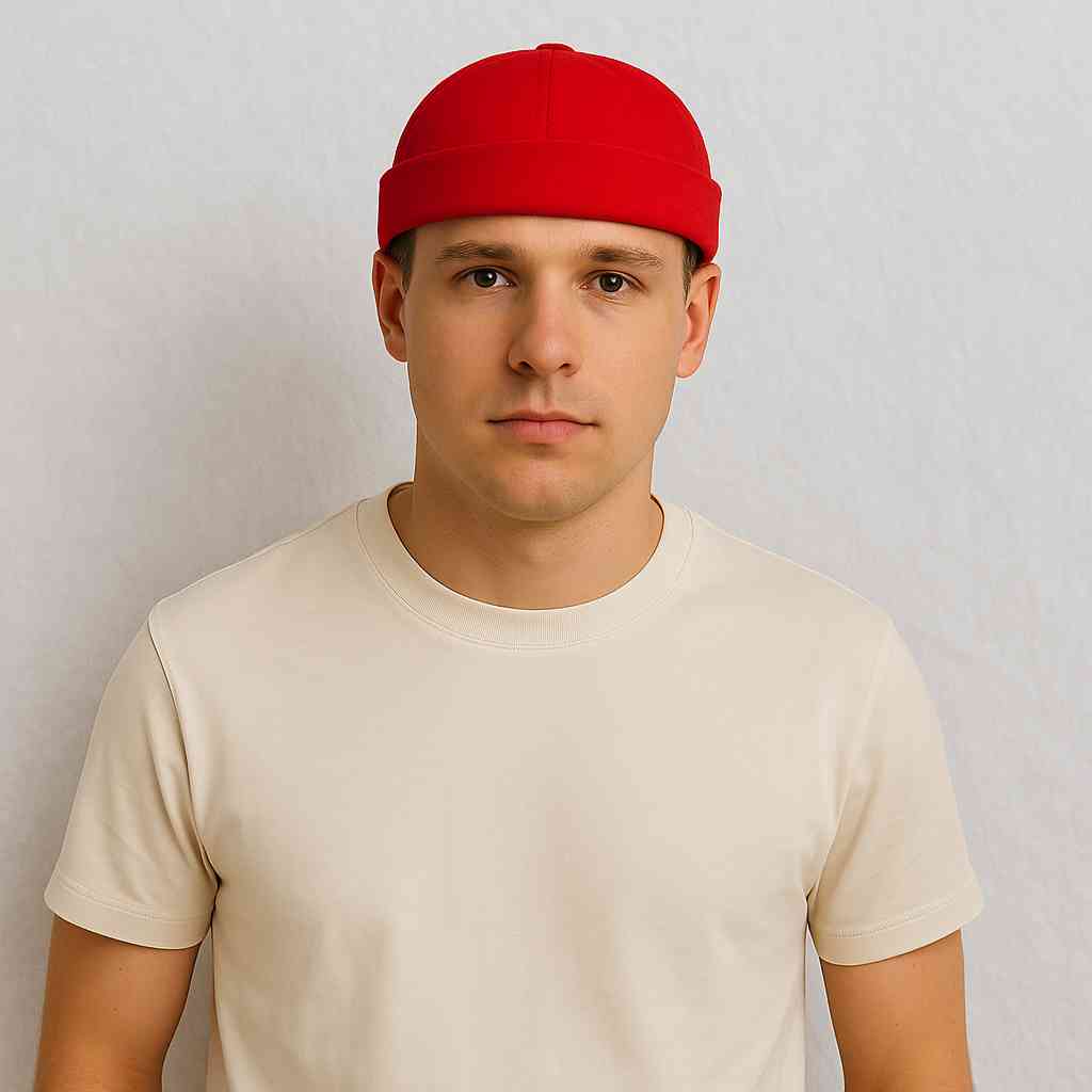 Un homme porte le Bonnet Docker Rouge 