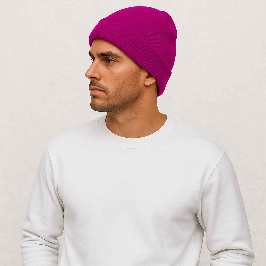 Un homme porte le Bonnet Doublé Satin Fuchsia