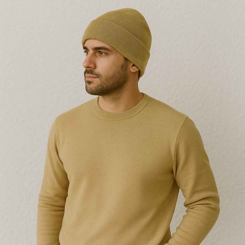 Un homme porte le Bonnet Doublé Satin Gold