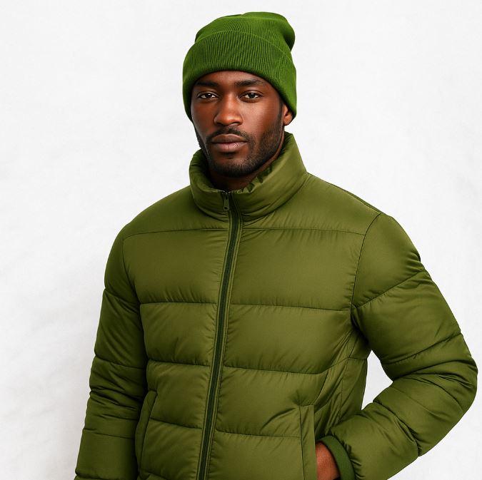 Un homme porte le Bonnet Doublé Satin Vert 