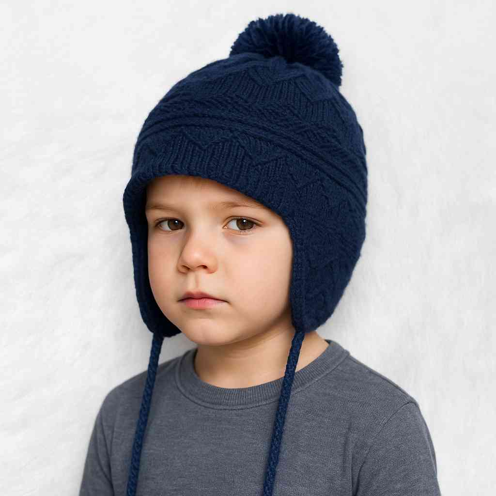 Un garçon porte le Bonnet Péruvien Bleu pour Enfant 