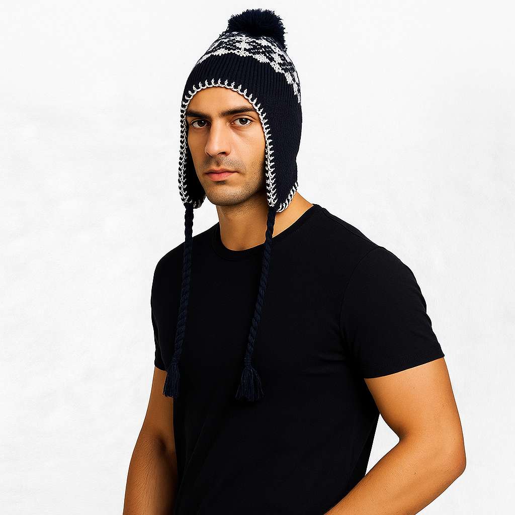 Un homme porte le Bonnet Péruvien à Pompon Bleu Marine