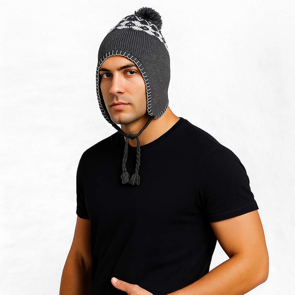 Un homme porte le Bonnet Péruvien à Pompon Gris