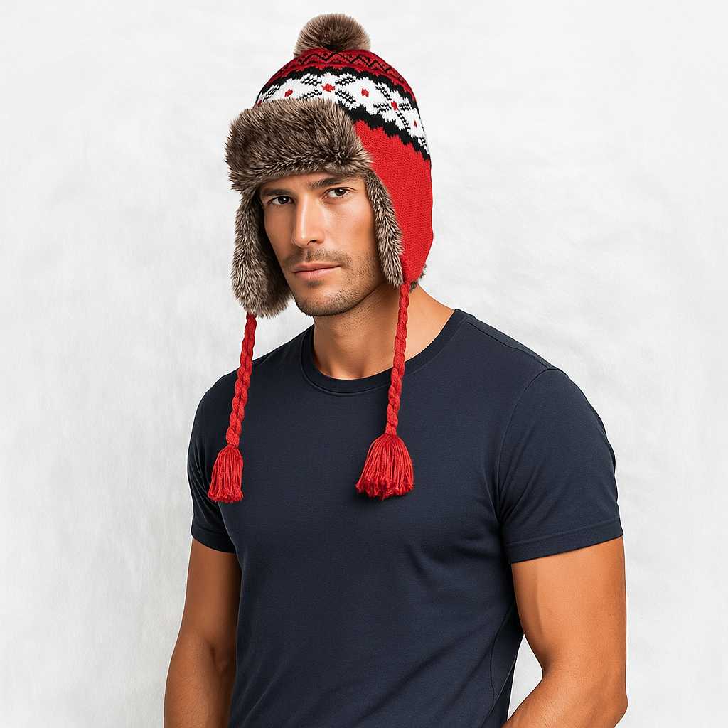 Un homme porte le Bonnet Péruvien Rouge à Fourrure
