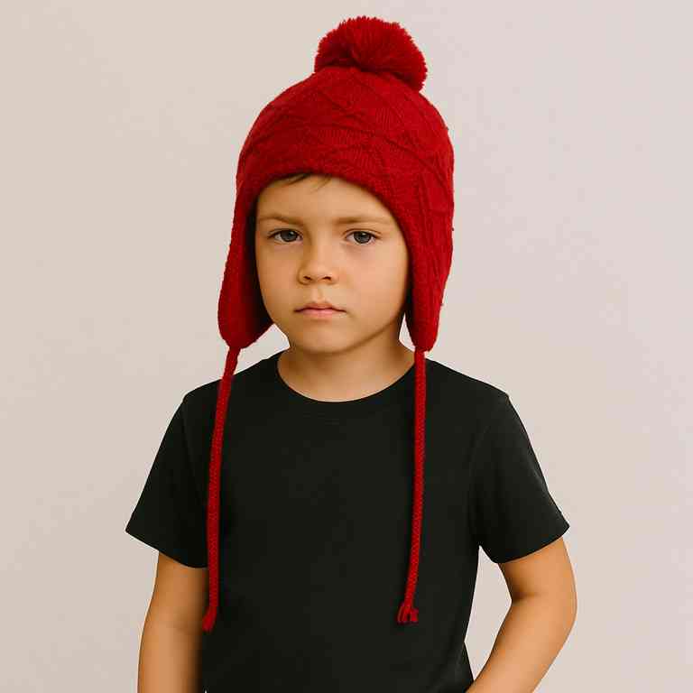 Un garçon porte e Bonnet Péruvien Rouge pour Enfant 
