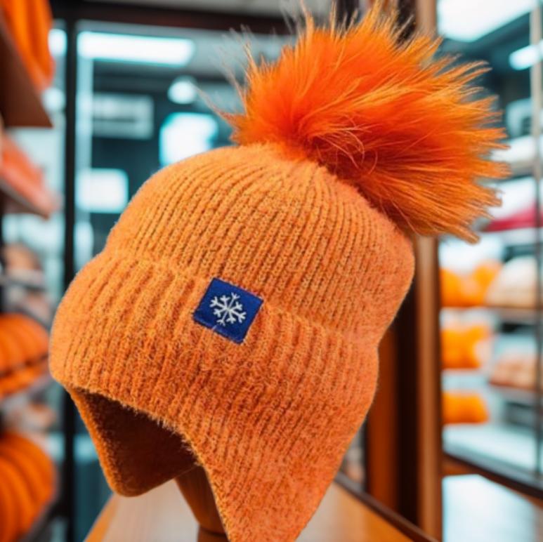 Bonnet à Pompon en Laine Orange 