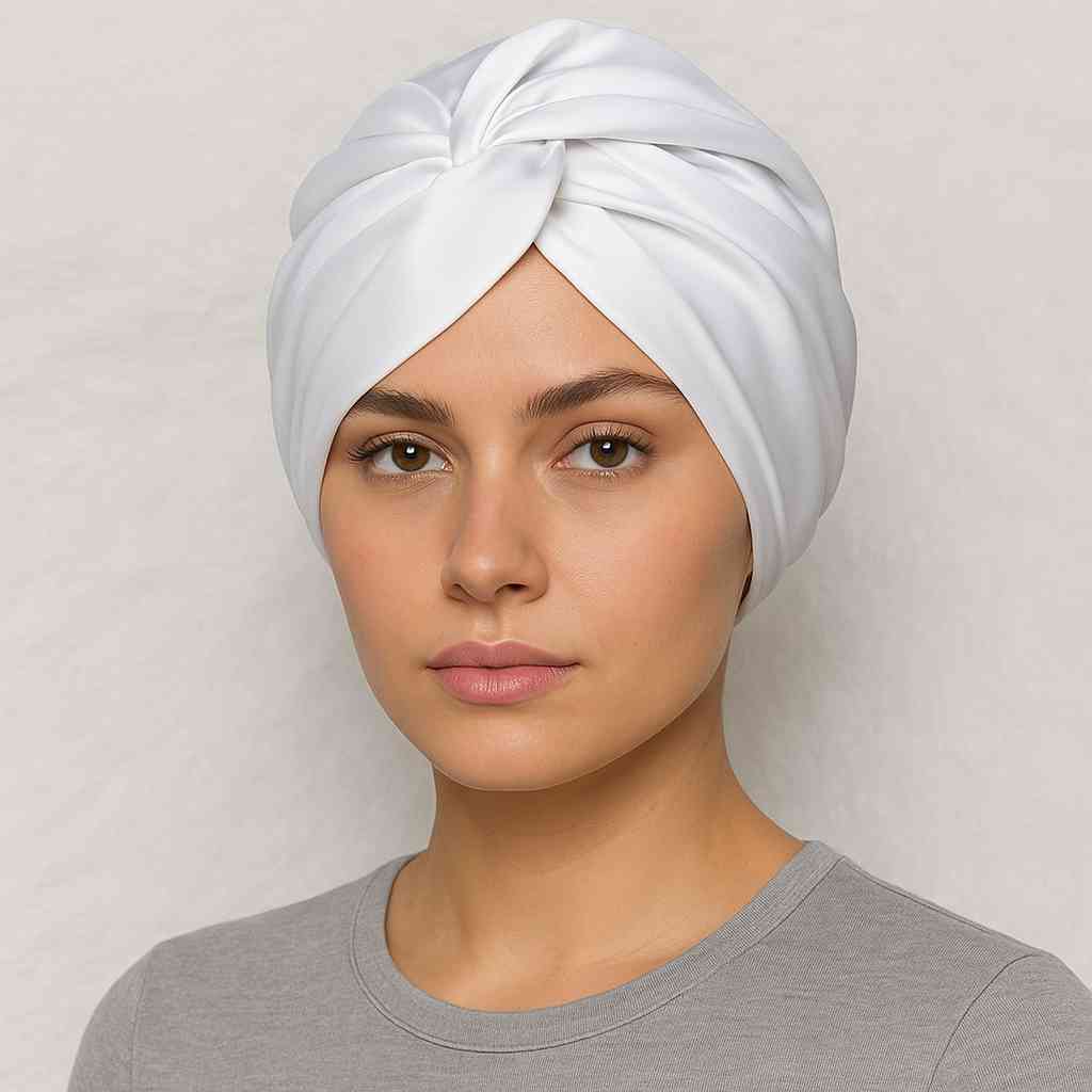Une femme porte le Bonnet de Nuit en Satin Blanc
