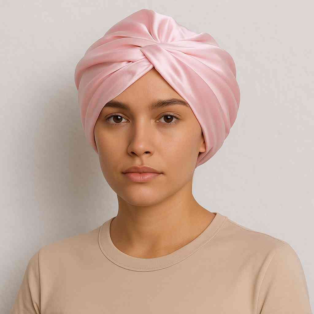 Une femme porte le Bonnet de Nuit en Satin Rose