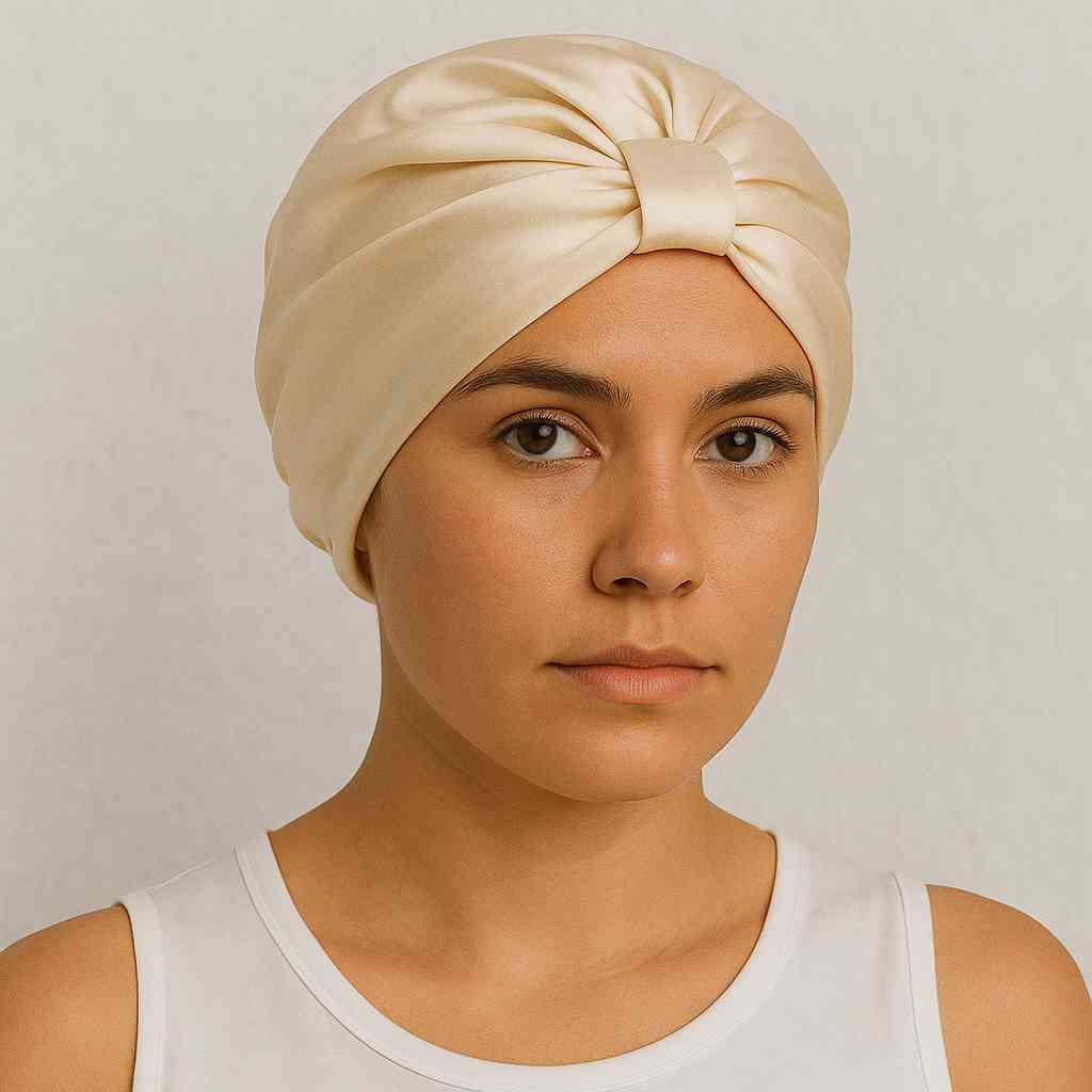 Une femme porte le Bonnet en Satin Beige Papillon