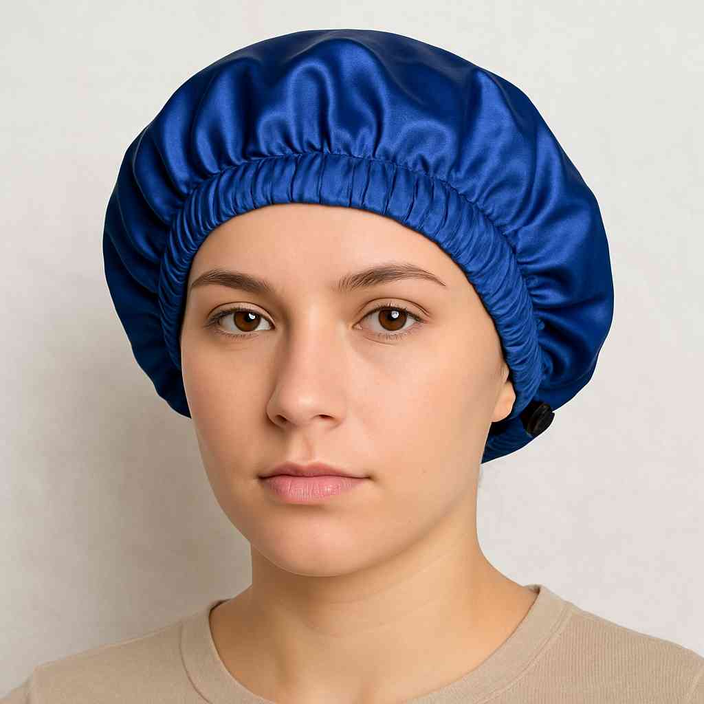 Une femme porte le Bonnet en Satin Bleu Réglable