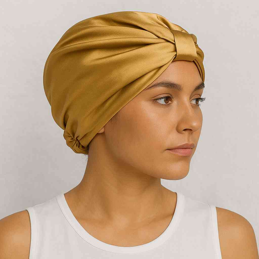 Une femme porte le Bonnet en Satin Gold Papillon