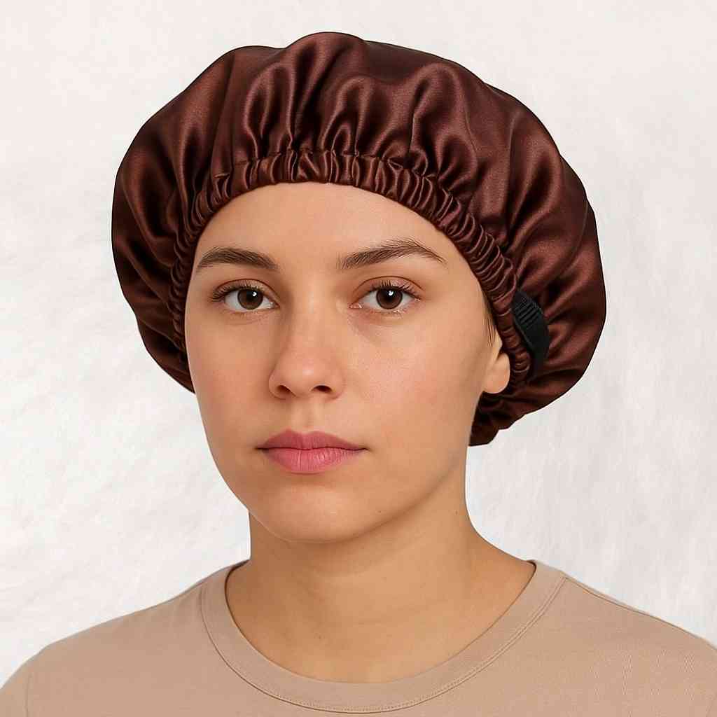 Une femme porte le Bonnet en Satin Marron Réglable