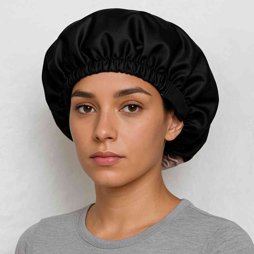 Un femme porte le Bonnet en Satin Noir Réglable