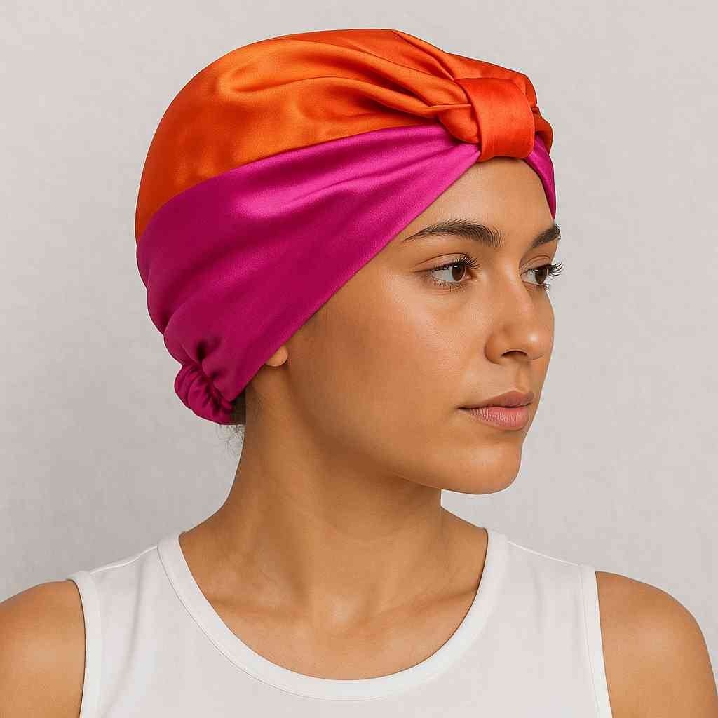 Une femme porte le Bonnet en Satin Orange & Rose Papillon