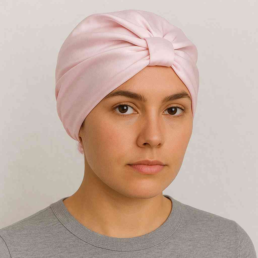 Une femme porte le Bonnet en Satin Rose Pale Papillon