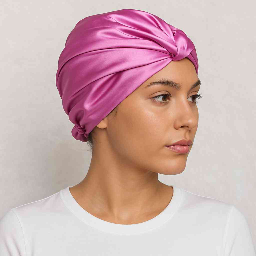 Une femme porte le Bonnet en Satin Rose Papillon 