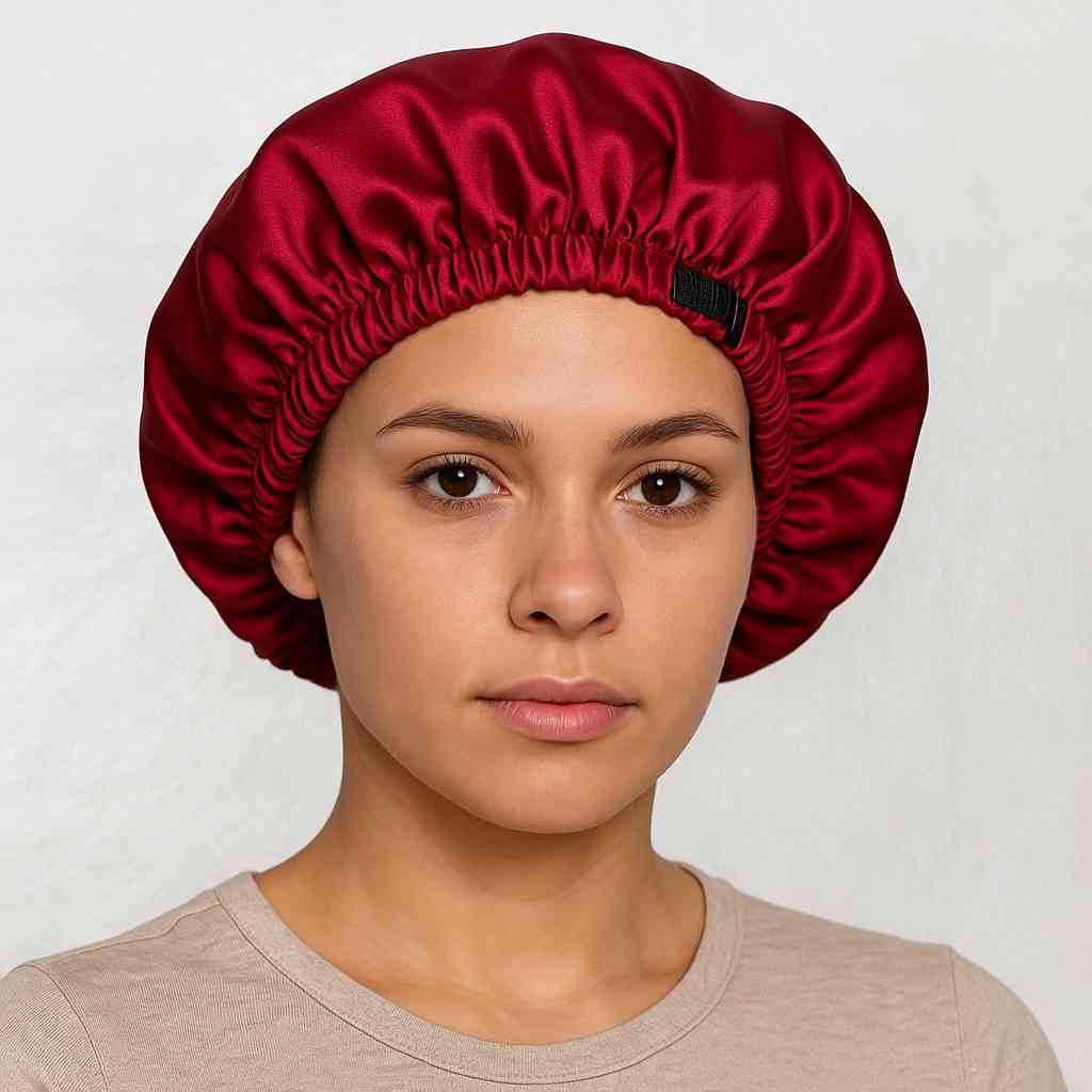 Une femme porte le Bonnet en Satin Rouge Réglable 