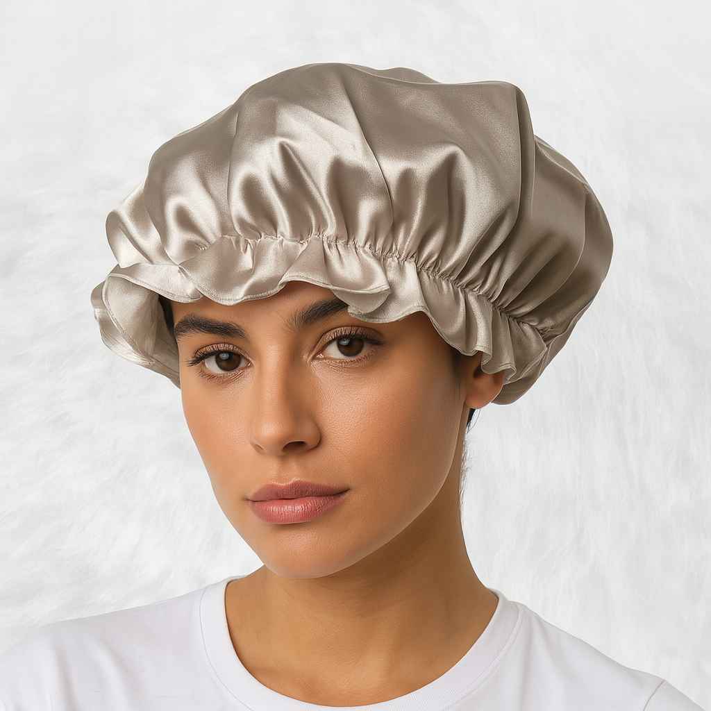 uNE FEMME PORTE LEBonnet en Soie Argenté Charlotte