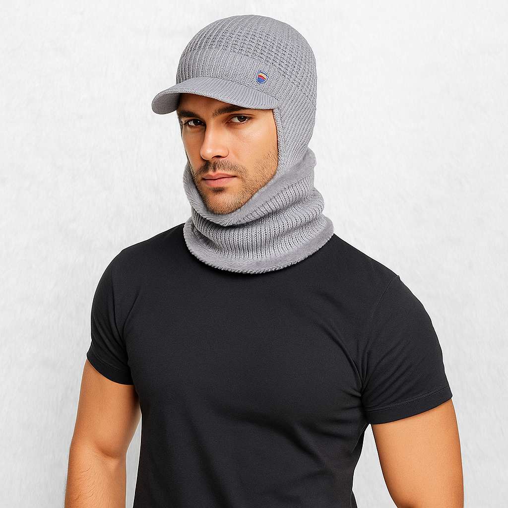 Un homme porte le Bonnet et écharpe pour Homme​ Gris Clair