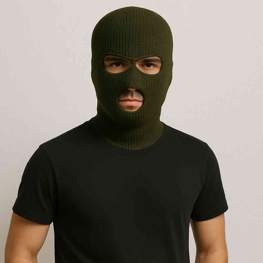 Un homme porte le Cagoule Homme 3 Trous Vert Militaire