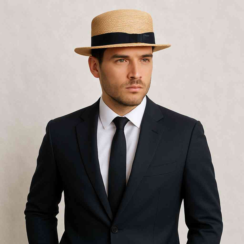Un homme porte le Canotier Homme​ de Paille beige