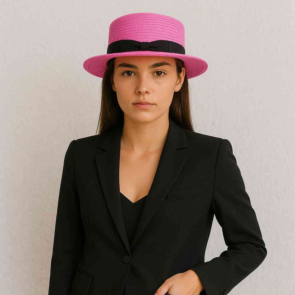 Une femme porte le Canotier de Paille rose fushia