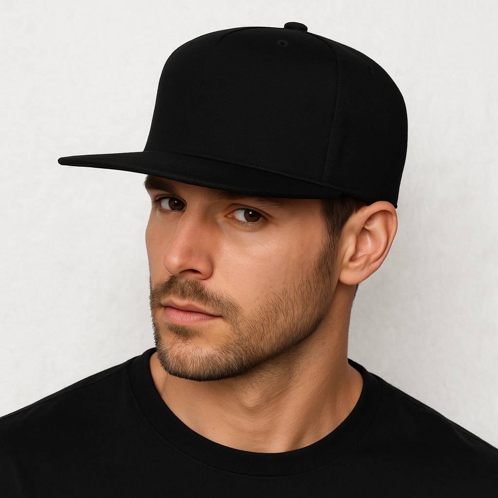 Un homme porte la Casquette Snapback visière plate noir
