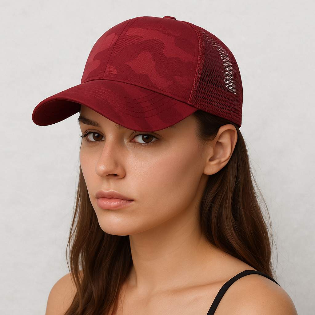 Une femme porte la Casquette Trucker Femme Rouge
