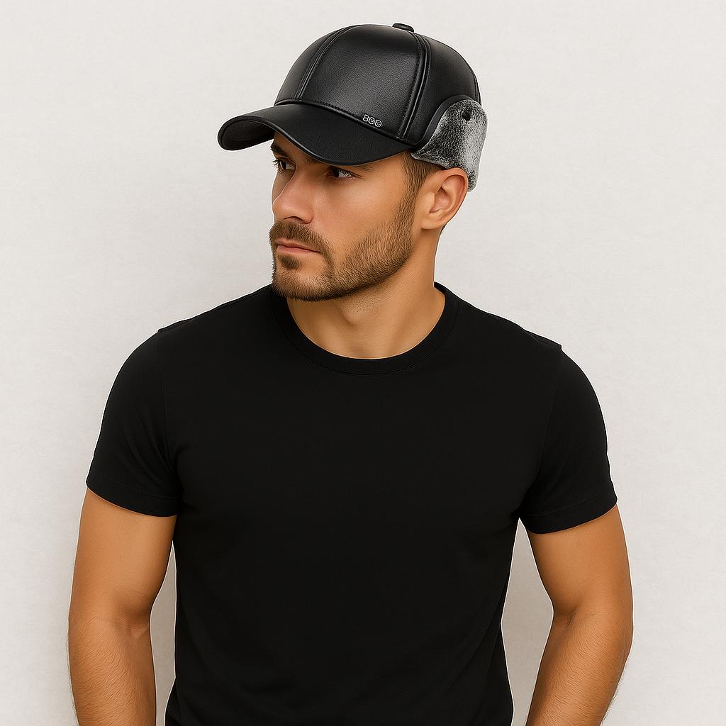 Un homme porte le Casquette Chapka Cuir végane gris