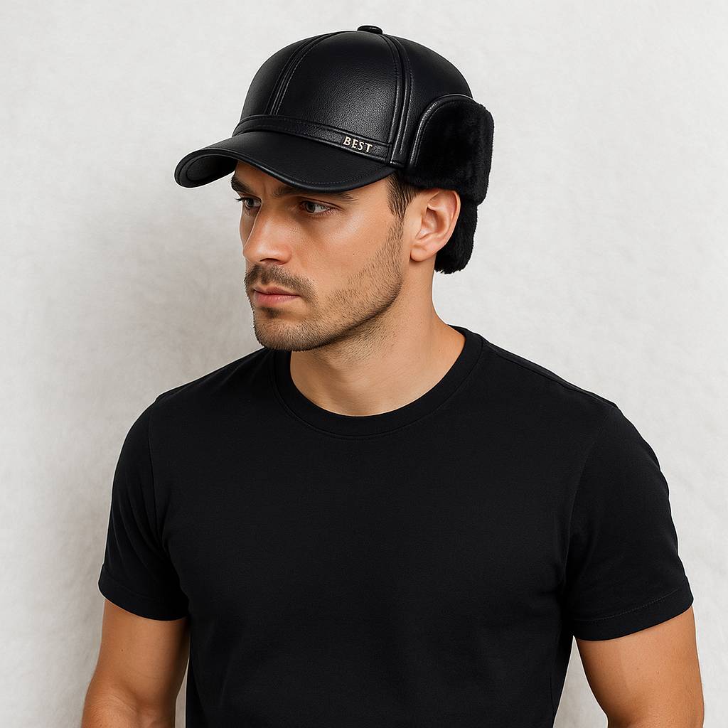 Un homme porte la Casquette Chapka​ Cuir végane noir