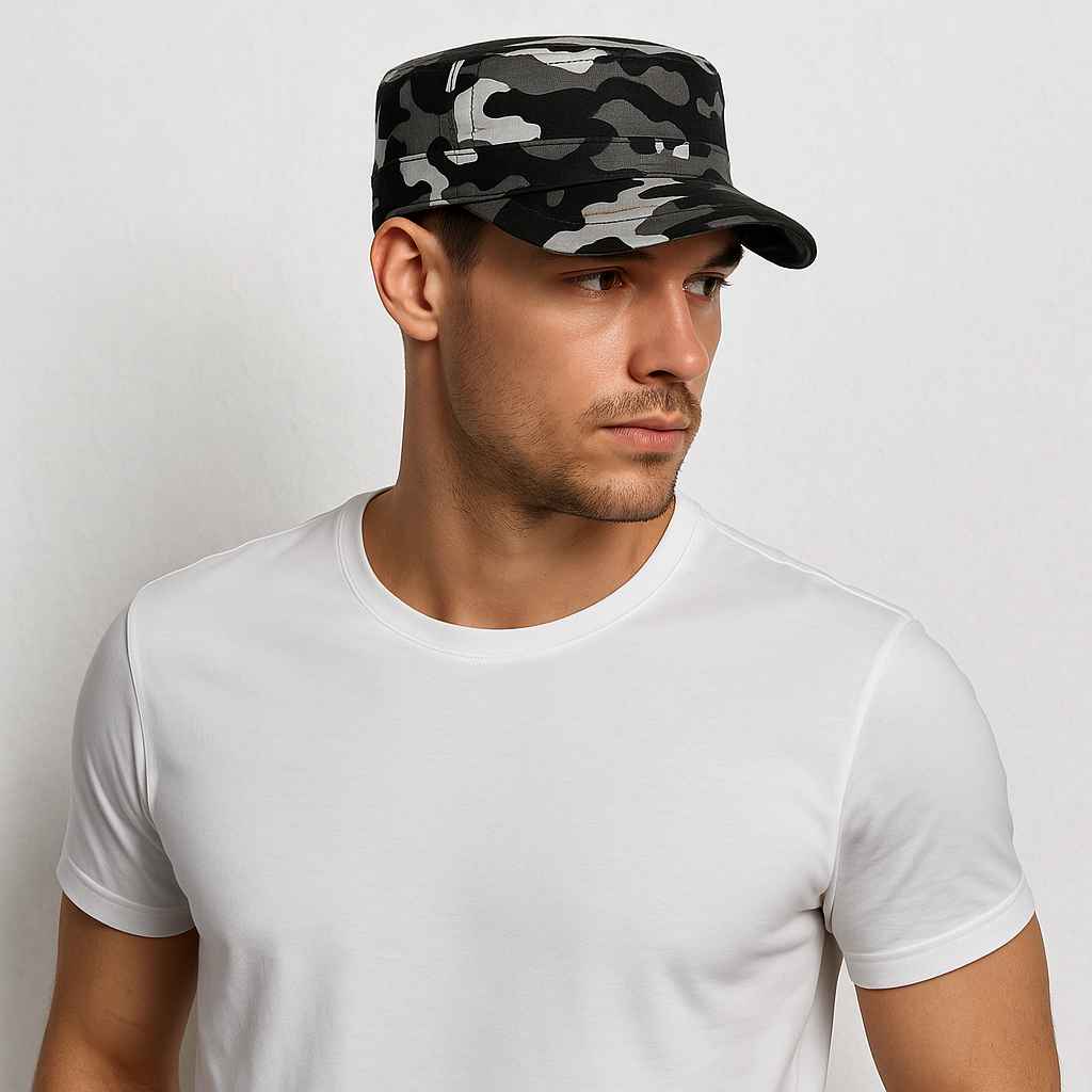 Un homme porte la Casquette Militaire Homme Camouflage Noir