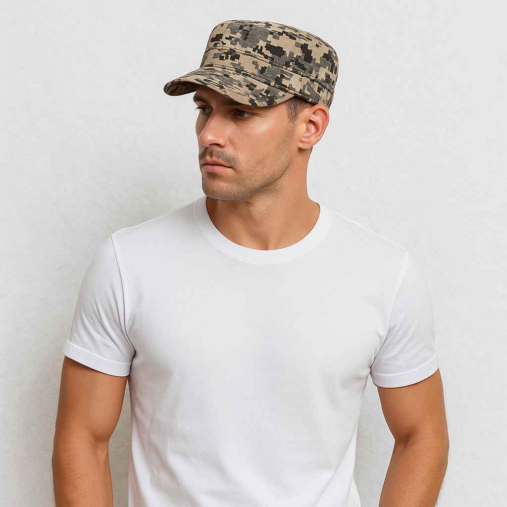 Un homme porte la Casquette Militaire Homme Camouflage Safari