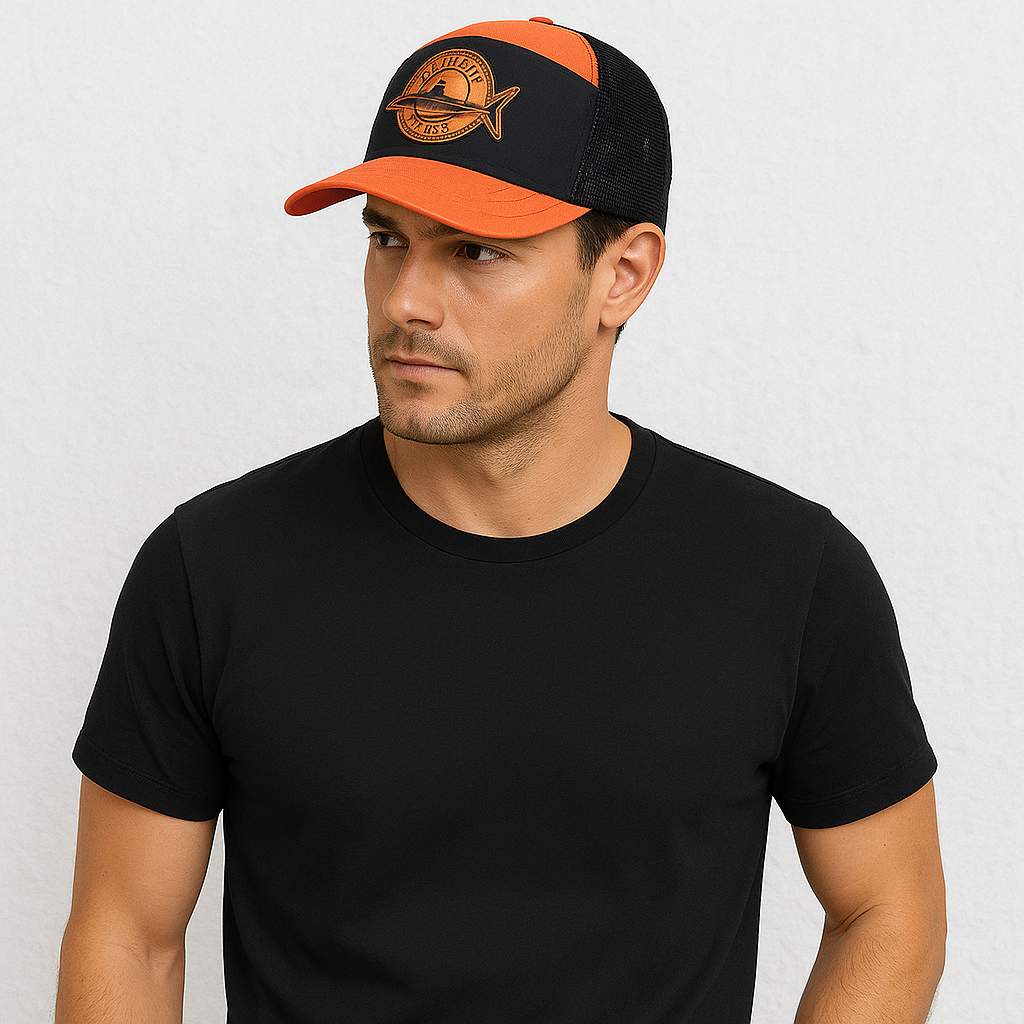 Un hmme porte la Casquette Pêche Trucker orange
