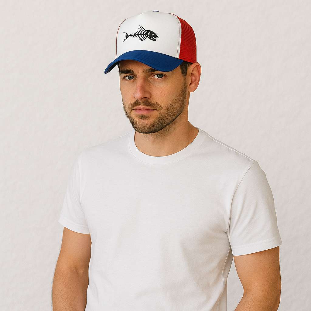 Un homme porte la Casquette Pécheur poisson bleu blanc rouge