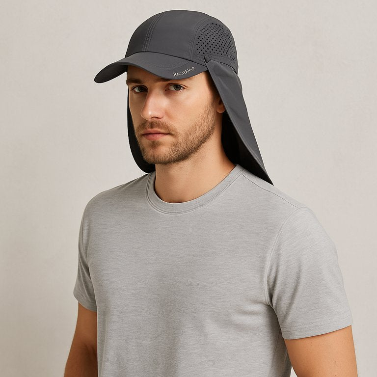 Un homme porte le Casquette Protège Nuque gris